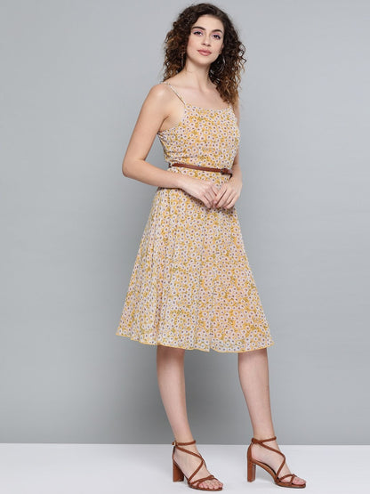 Women's Yellow Ditsy Floral Strappy Belted Midi Dress