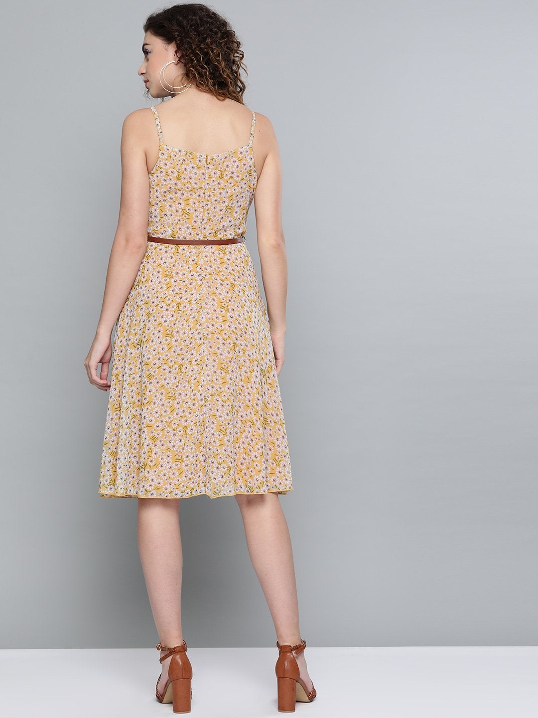 Women's Yellow Ditsy Floral Strappy Belted Midi Dress