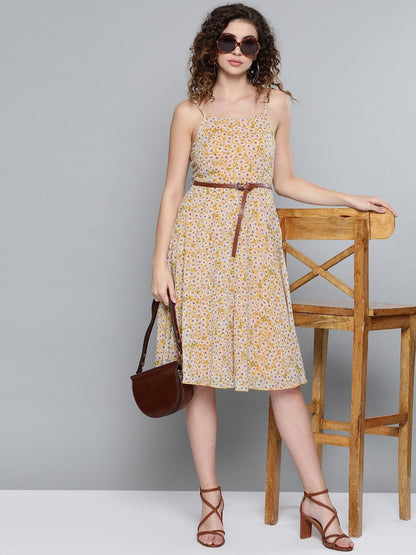 Women's Yellow Ditsy Floral Strappy Belted Midi Dress