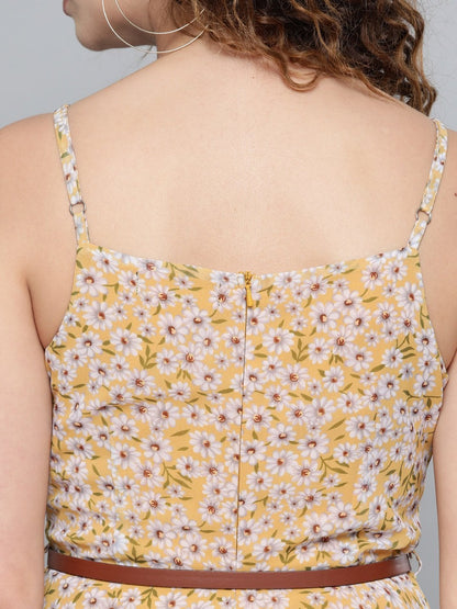 Women's Yellow Ditsy Floral Strappy Belted Midi Dress