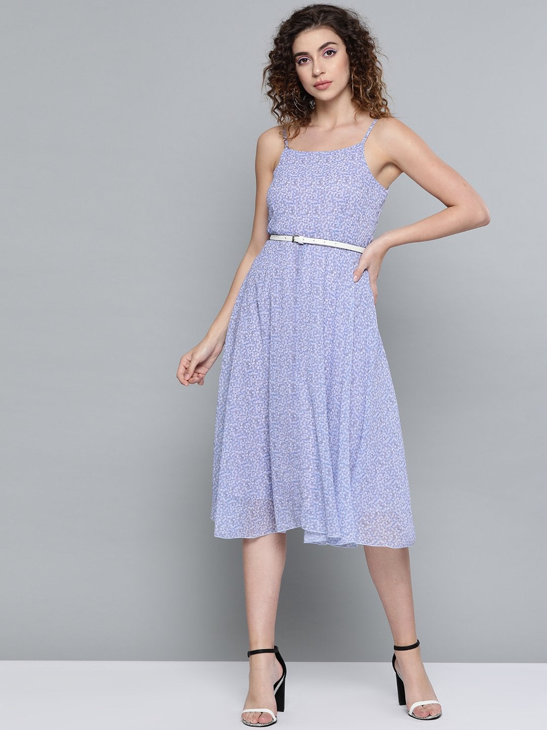 Women's Lavender Ditsy Floral Strappy Belted Midi Dress