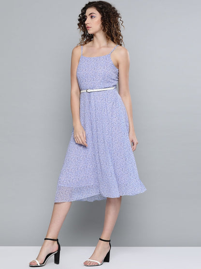 Women's Lavender Ditsy Floral Strappy Belted Midi Dress