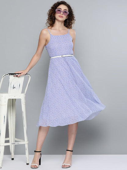 Women's Lavender Ditsy Floral Strappy Belted Midi Dress