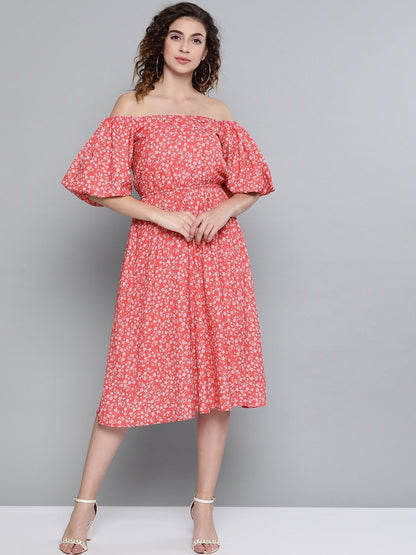 Women's Red Ditsy Floral Off Shoulder Midi Dress