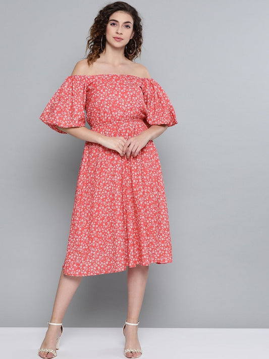 Women's Red Ditsy Floral Off Shoulder Midi Dress