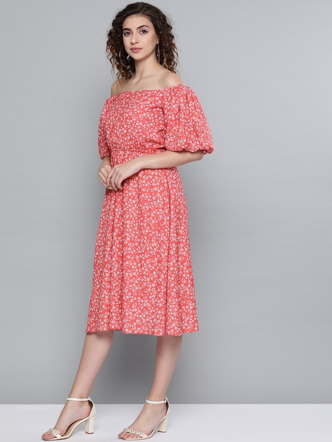 Women's Red Ditsy Floral Off Shoulder Midi Dress