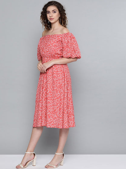 Women's Red Ditsy Floral Off Shoulder Midi Dress