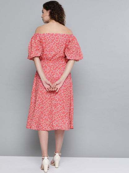 Women's Red Ditsy Floral Off Shoulder Midi Dress