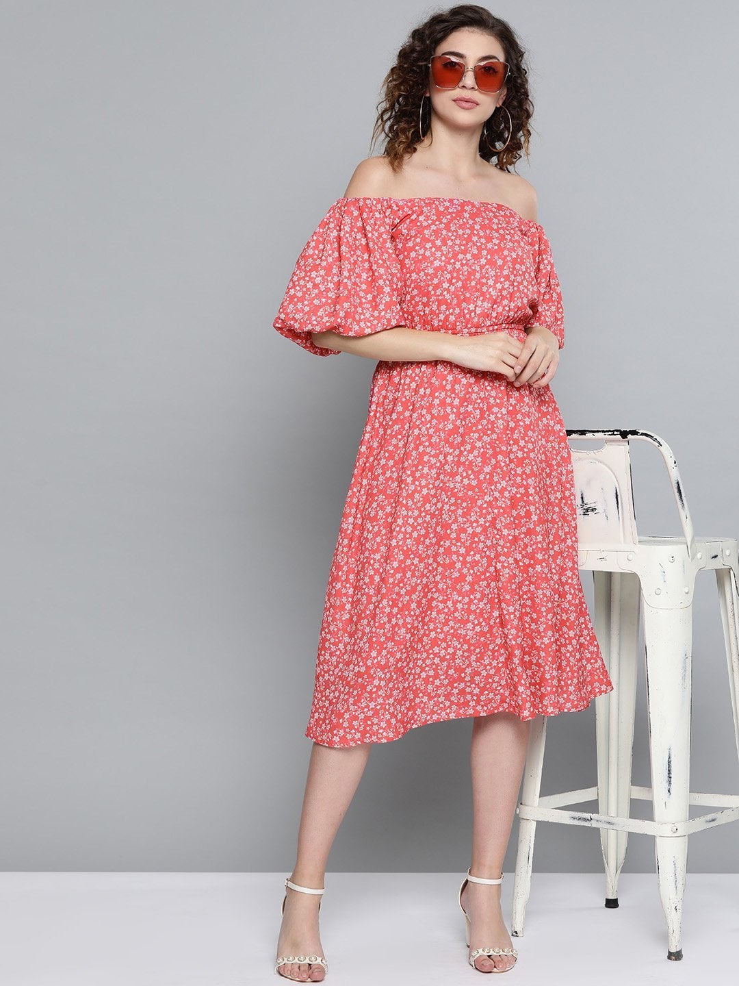 Women's Red Ditsy Floral Off Shoulder Midi Dress