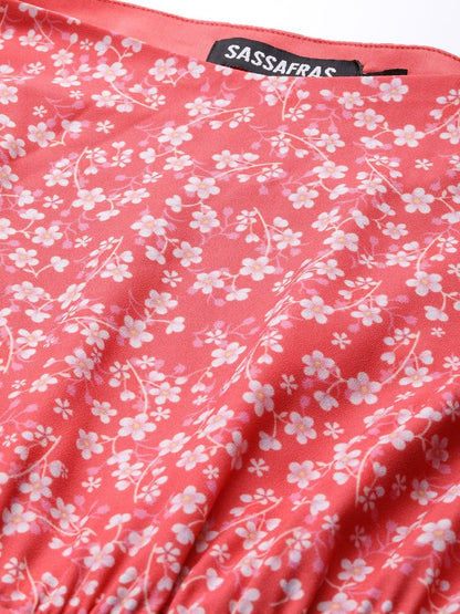 Women's Red Ditsy Floral Off Shoulder Midi Dress