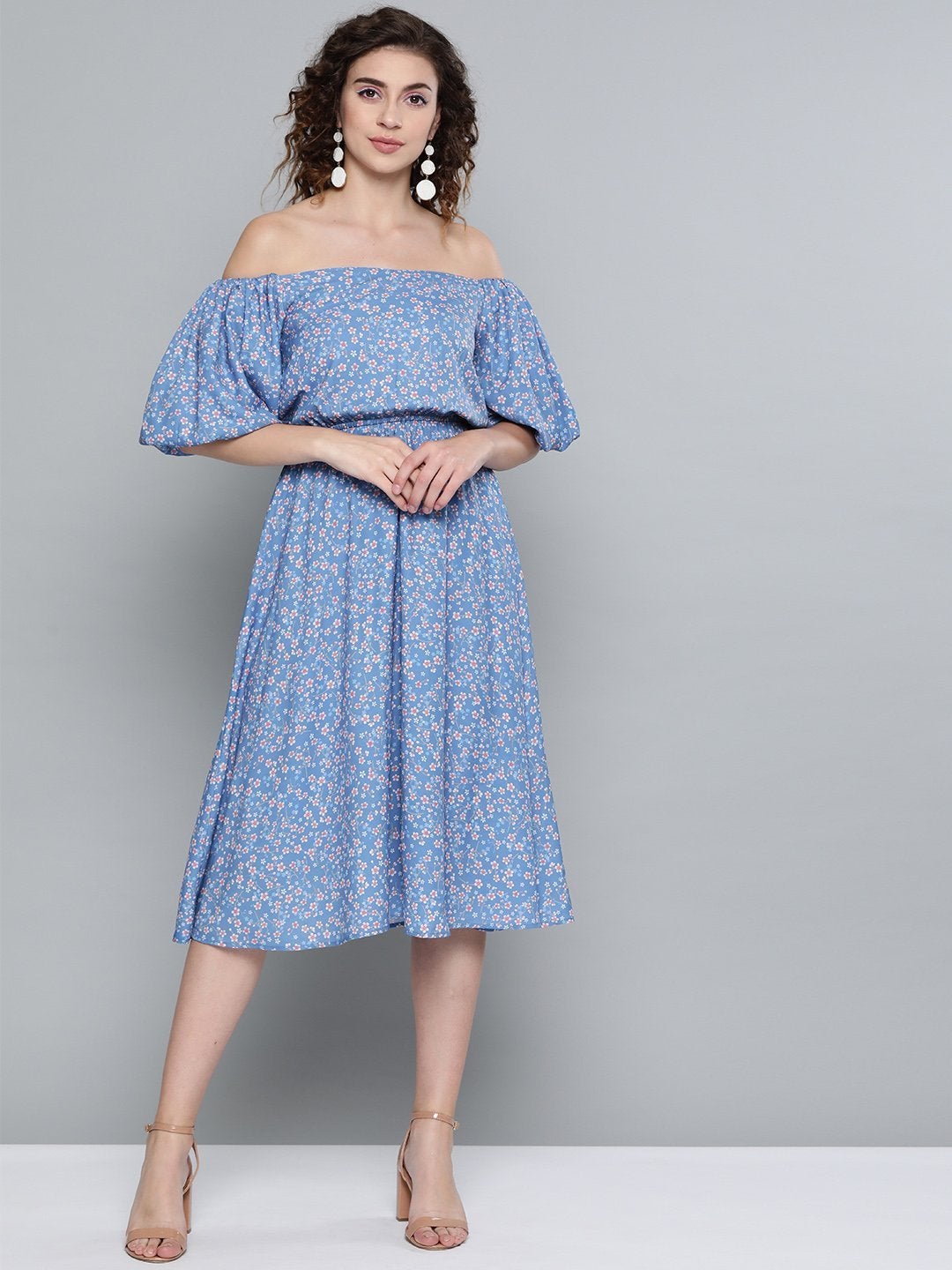 Women's Blue Ditsy Floral Off Shoulder Midi Dress