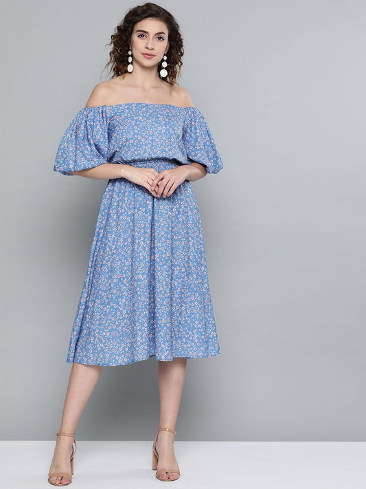 Women's Blue Ditsy Floral Off Shoulder Midi Dress