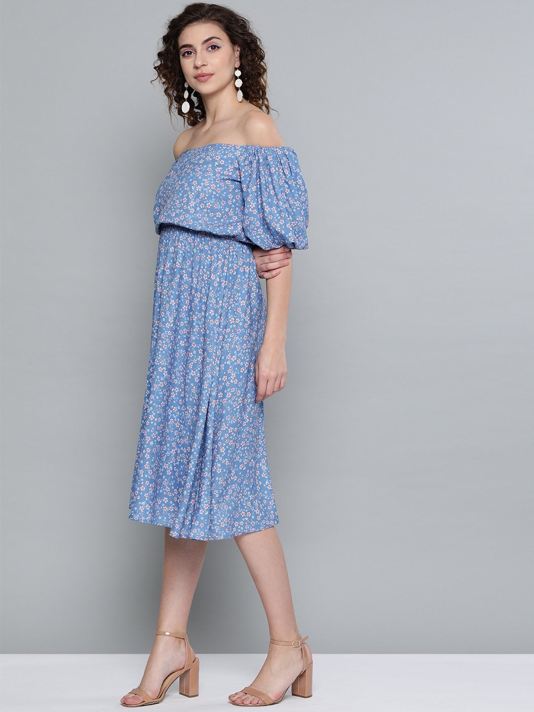 Women's Blue Ditsy Floral Off Shoulder Midi Dress
