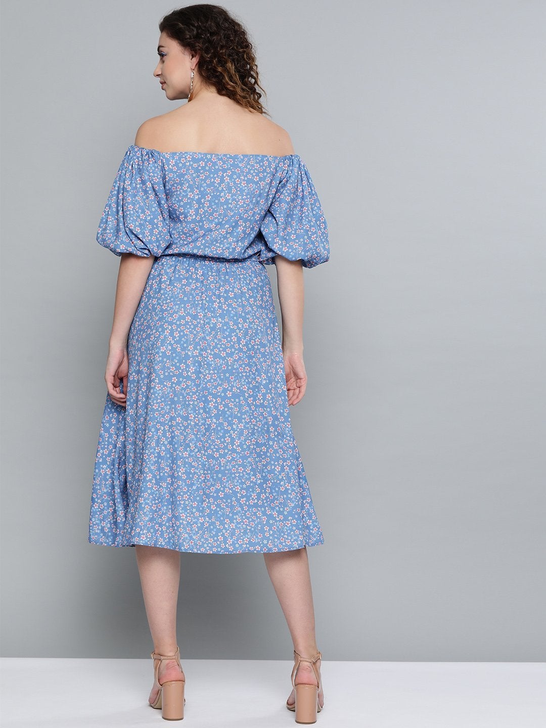 Women's Blue Ditsy Floral Off Shoulder Midi Dress