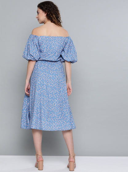Women's Blue Ditsy Floral Off Shoulder Midi Dress