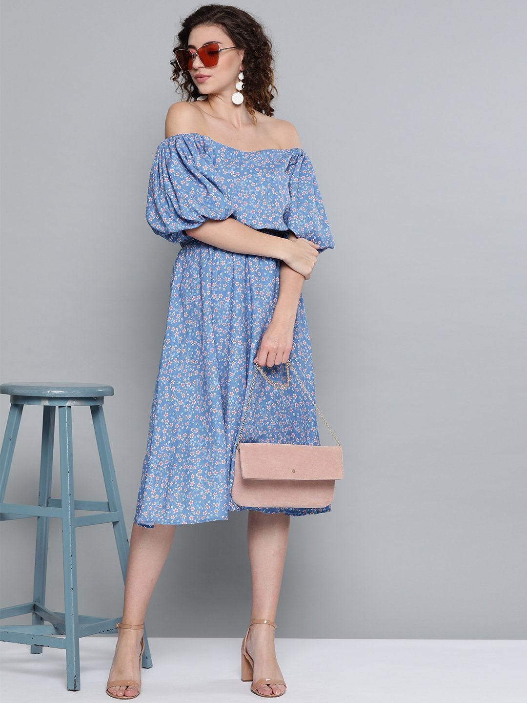 Women's Blue Ditsy Floral Off Shoulder Midi Dress