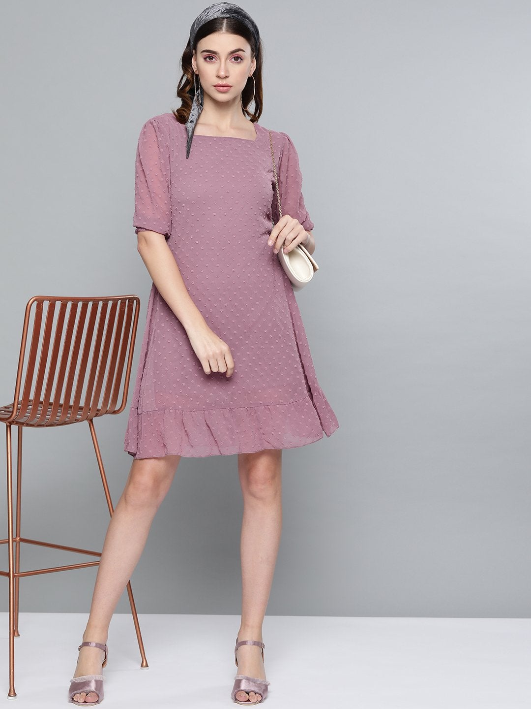 Women's Purple Dobby Frill Hem Short Dress