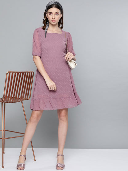 Women's Purple Dobby Frill Hem Short Dress