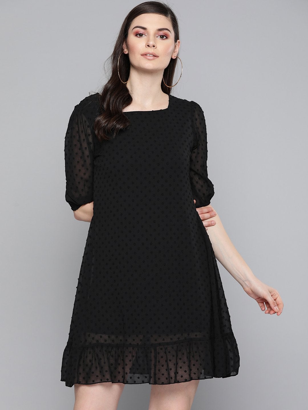 Women's Black Dobby Frill Hem Short Dress