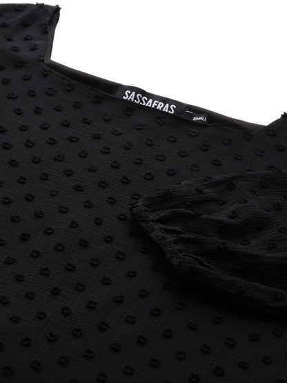 Women's Black Dobby Frill Hem Short Dress