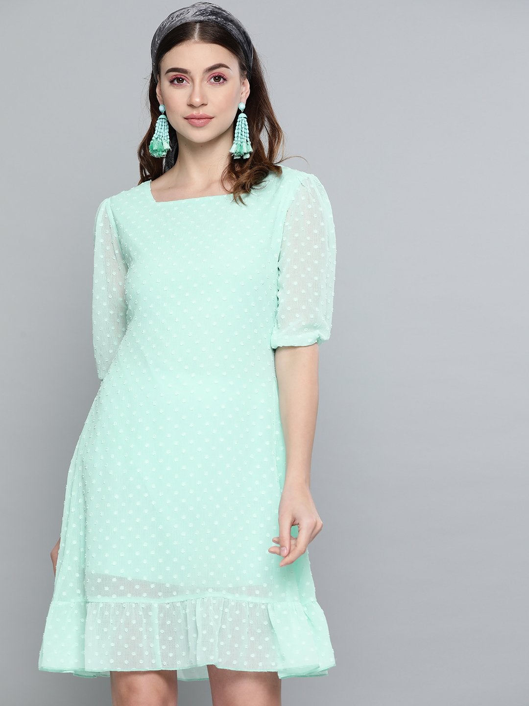 Women's Mint Green Dobby Frill Hem Short Dress