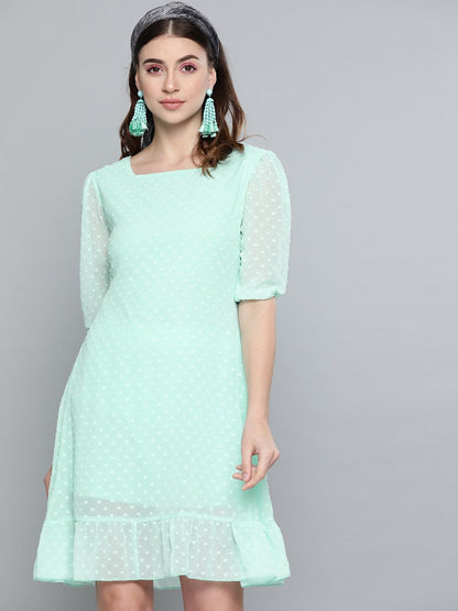 Women's Mint Green Dobby Frill Hem Short Dress