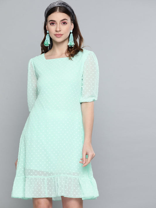 Women's Mint Green Dobby Frill Hem Short Dress