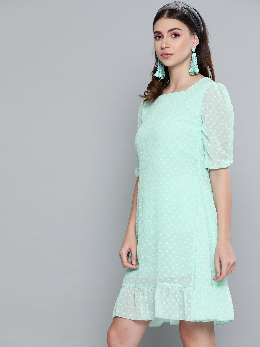 Women's Mint Green Dobby Frill Hem Short Dress