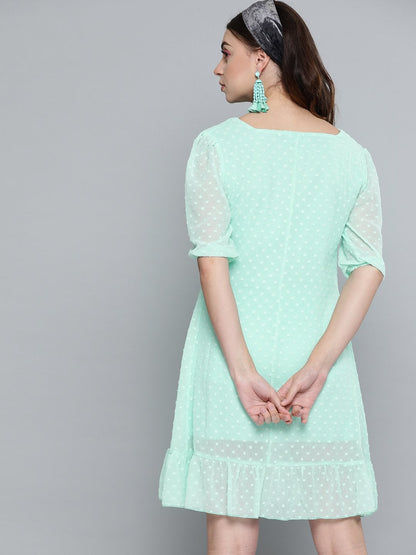 Women's Mint Green Dobby Frill Hem Short Dress