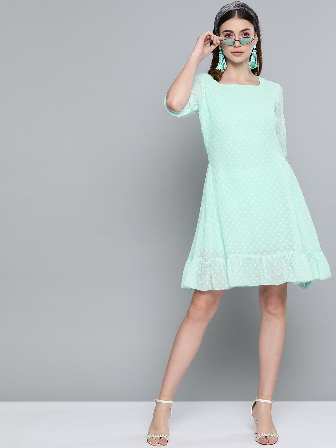 Women's Mint Green Dobby Frill Hem Short Dress