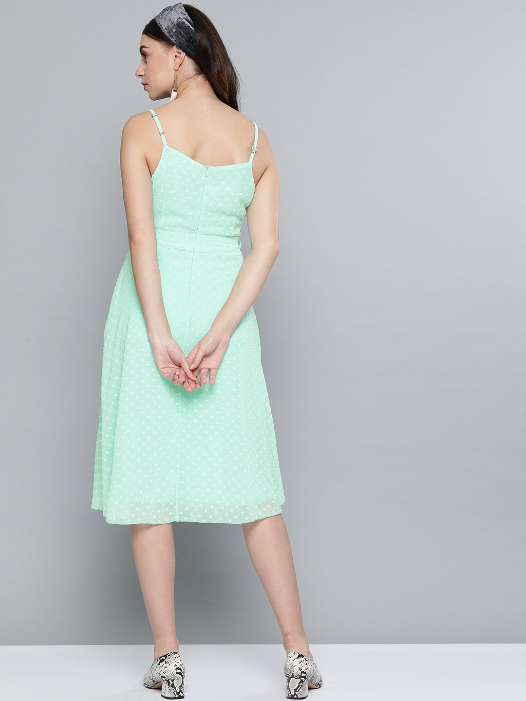 Women's Mint Green Dobby Strappy Belted Midi Dress
