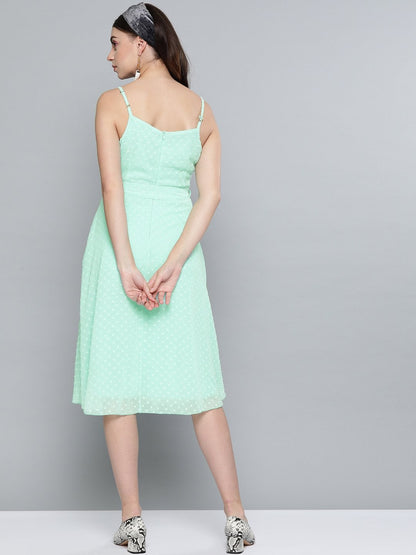 Women's Mint Green Dobby Strappy Belted Midi Dress