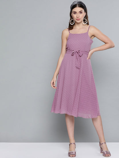 Women's Purple Dobby Strappy Belted Midi Dress