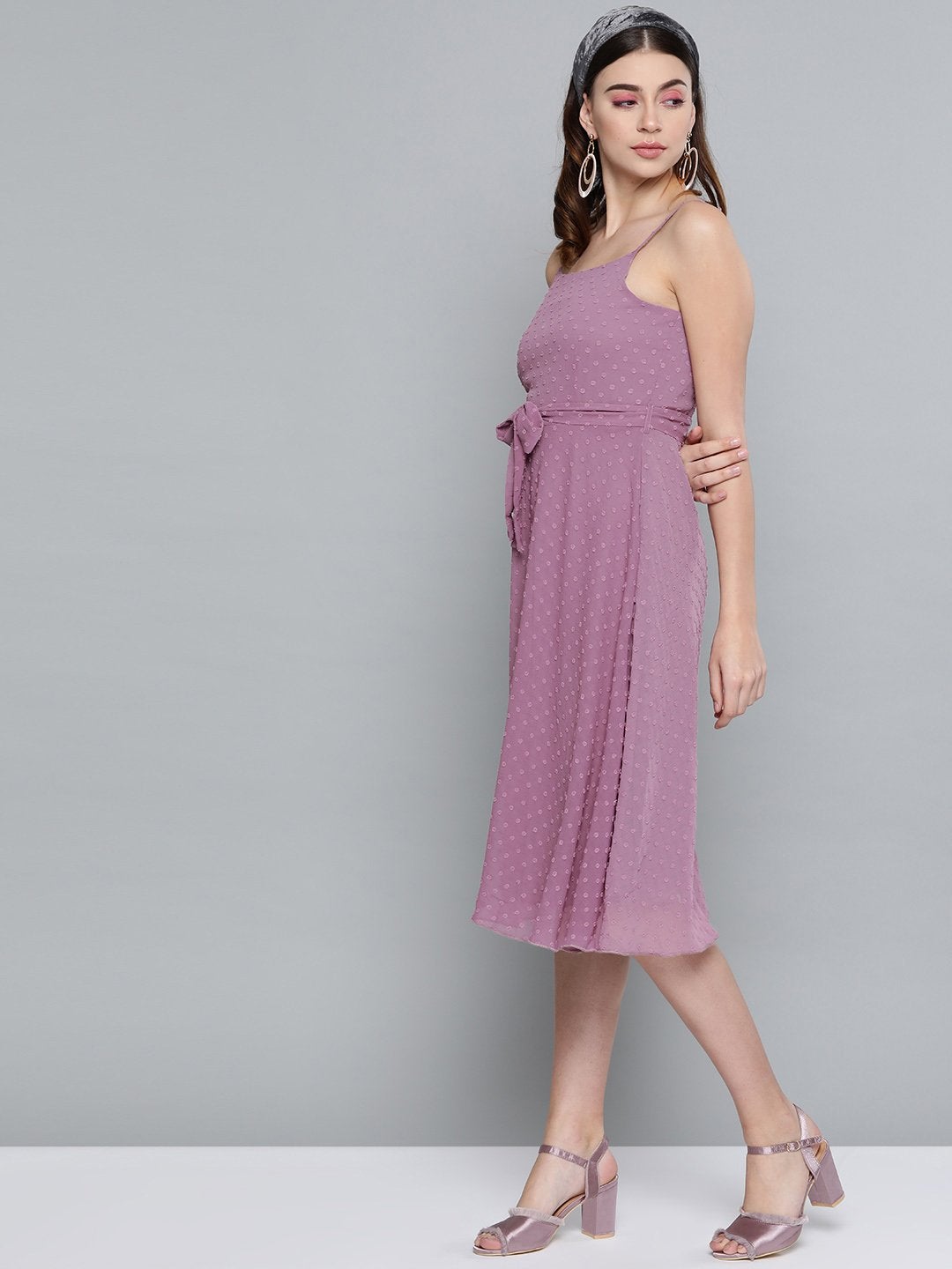 Women's Purple Dobby Strappy Belted Midi Dress