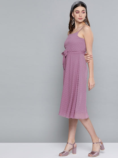 Women's Purple Dobby Strappy Belted Midi Dress