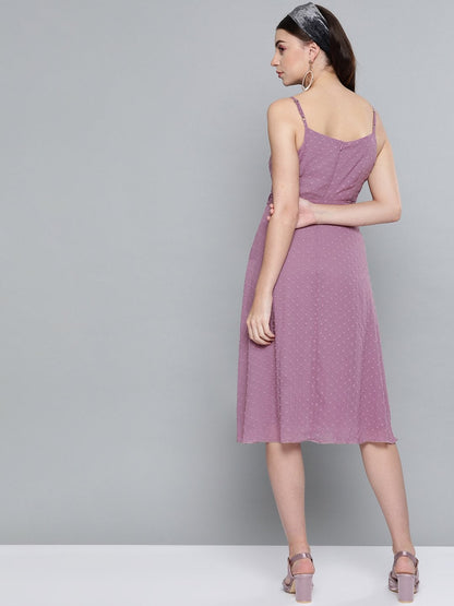 Women's Purple Dobby Strappy Belted Midi Dress