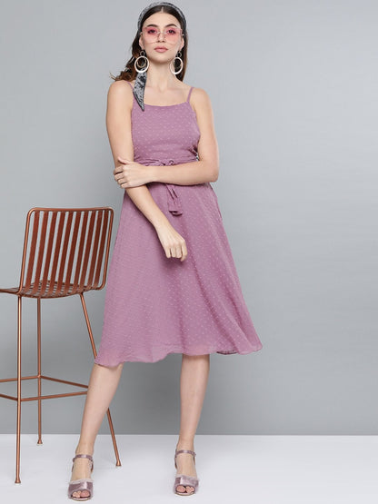 Women's Purple Dobby Strappy Belted Midi Dress