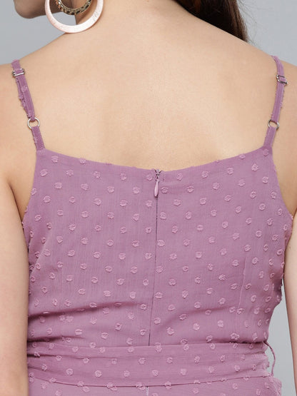 Women's Purple Dobby Strappy Belted Midi Dress