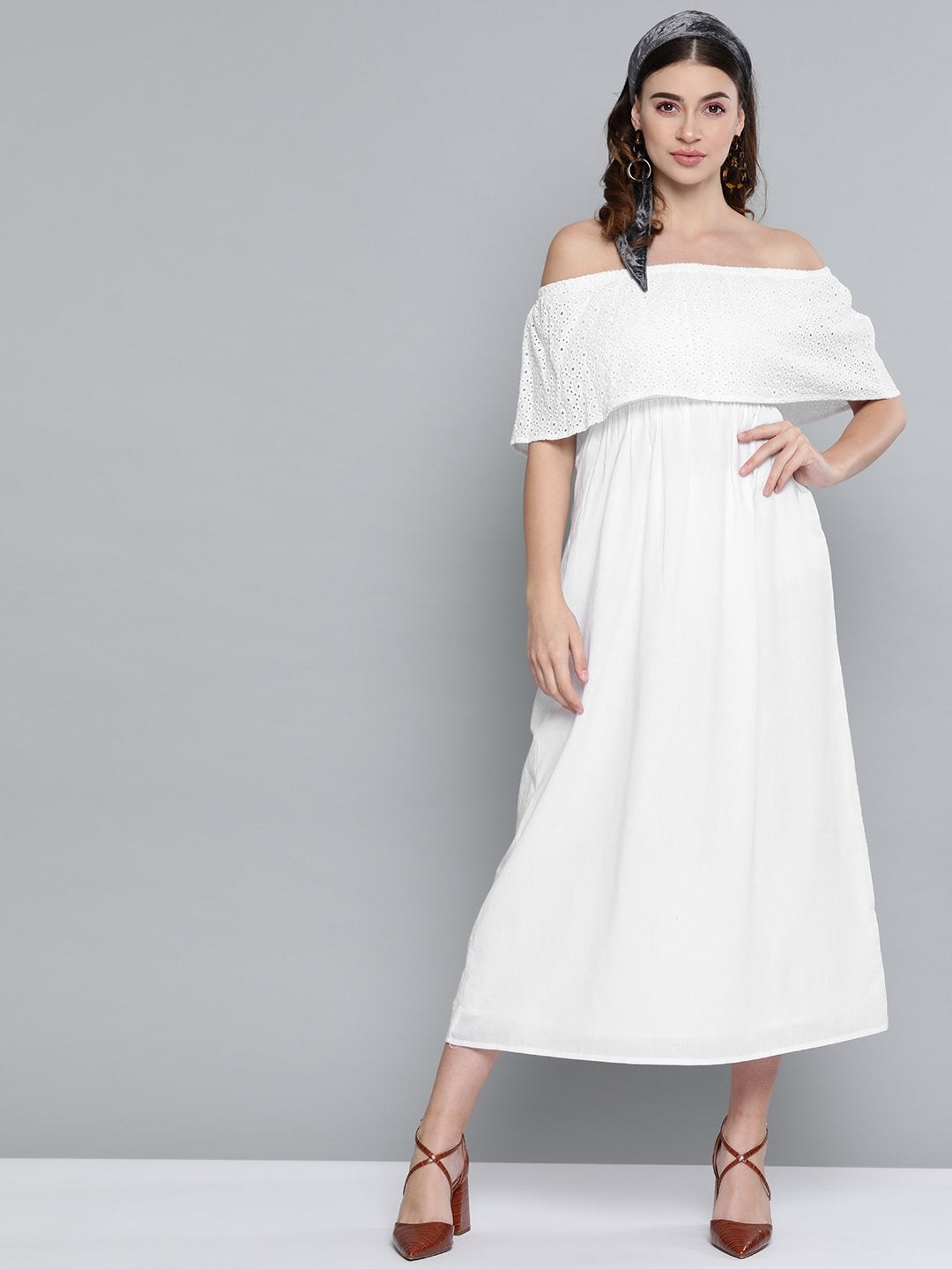 Women's White Schiffli Off Shoulder Maxi Dress