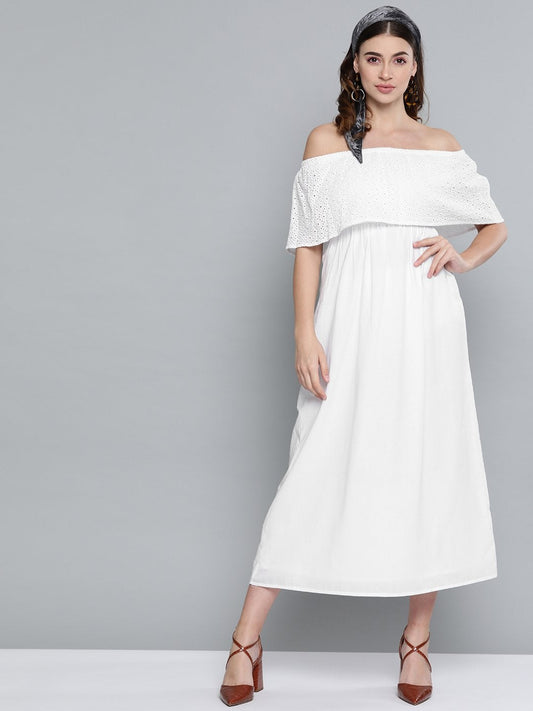 Women's White Schiffli Off Shoulder Maxi Dress