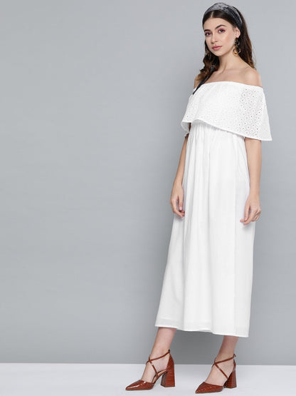 Women's White Schiffli Off Shoulder Maxi Dress
