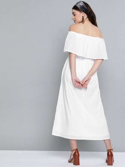 Women's White Schiffli Off Shoulder Maxi Dress