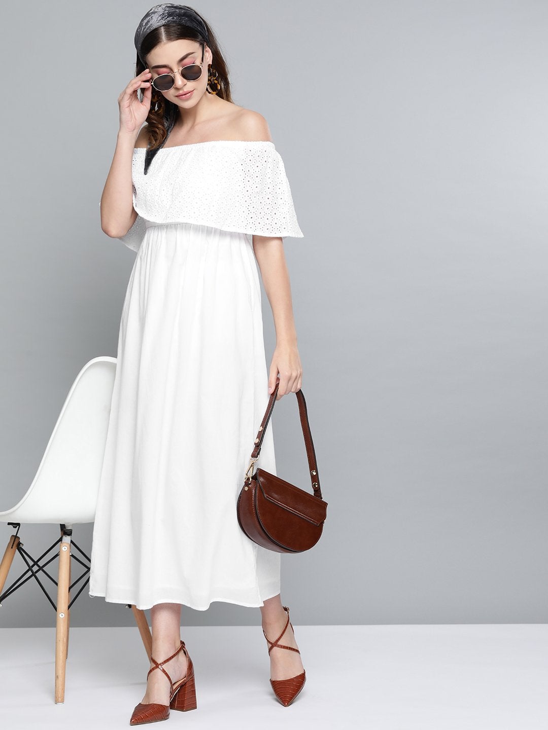 Women's White Schiffli Off Shoulder Maxi Dress