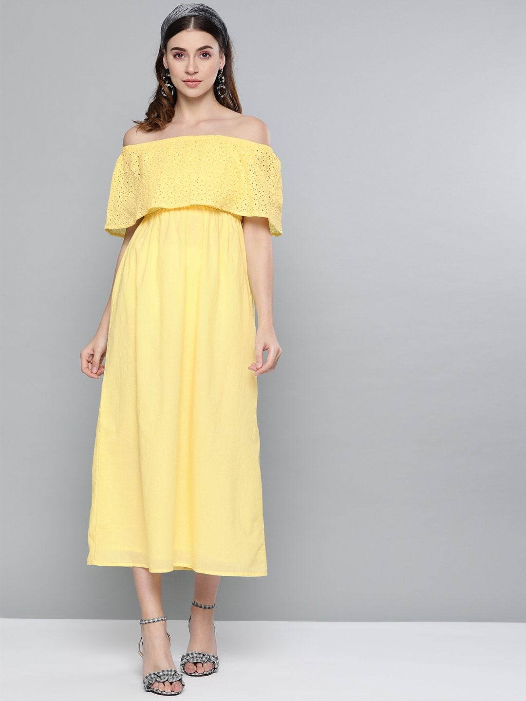 Women's Lemon Yellow Schiffli Off Shoulder Maxi Dress