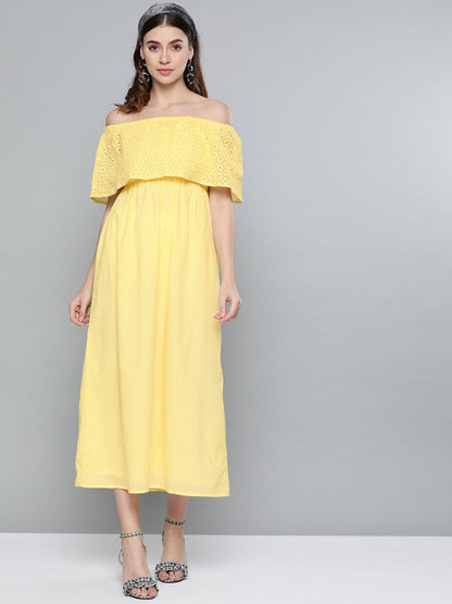 Women's Lemon Yellow Schiffli Off Shoulder Maxi Dress