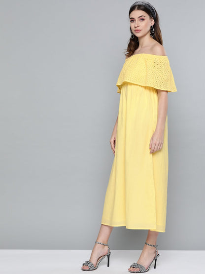 Women's Lemon Yellow Schiffli Off Shoulder Maxi Dress
