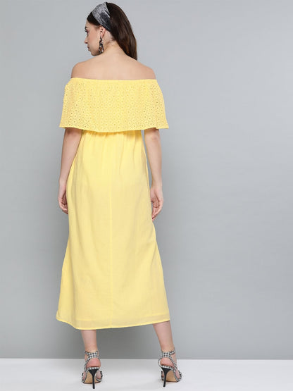 Women's Lemon Yellow Schiffli Off Shoulder Maxi Dress