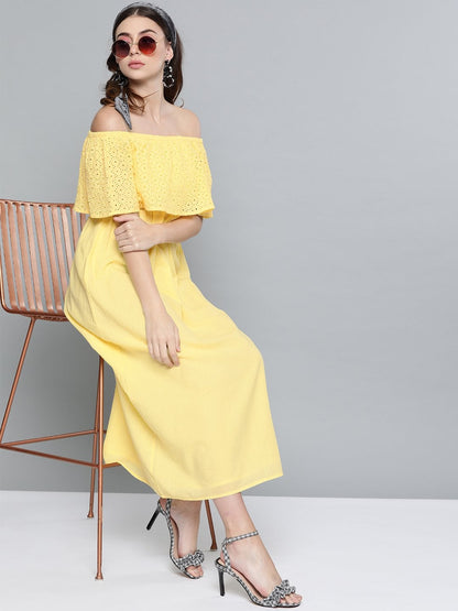 Women's Lemon Yellow Schiffli Off Shoulder Maxi Dress