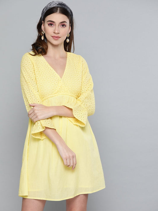 Women's Lemon Yellow Schiffli Shift Dress