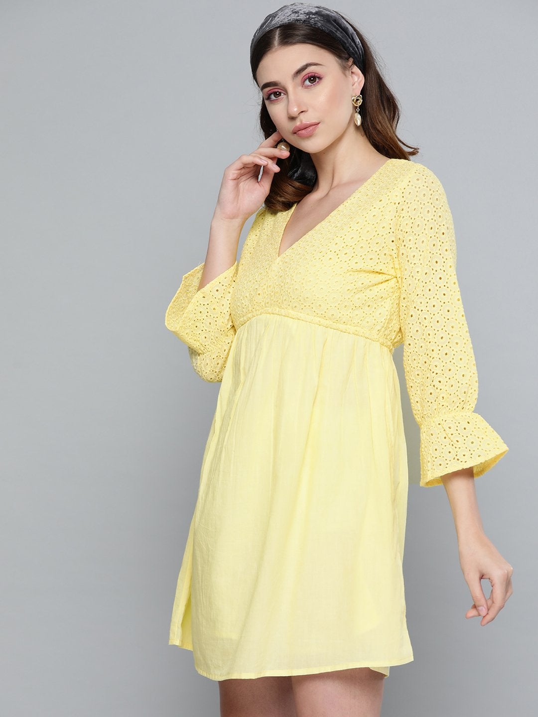 Women's Lemon Yellow Schiffli Shift Dress